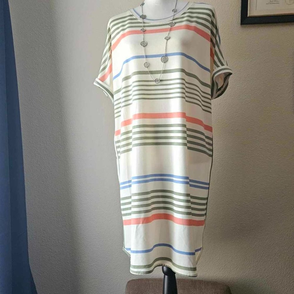 New Directions Studio Mini Shirt Dress Cream Striped Short Sleeve PXL